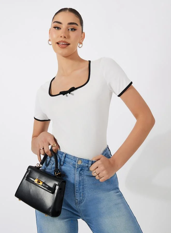 Styli Solid Ribbed Top With Piping Detail & Square Neck