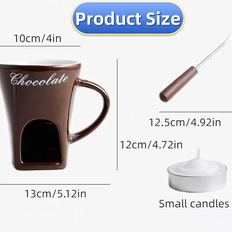 Fondue Cup for Chocolate Melting, Ceramic, Coffee Color, Heat-Resistant with Non-Slip Base and Includes Forks Candle - Image 2