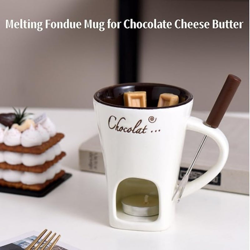 Fondue Cup for Chocolate Melting, Ceramic, Coffee Color, Heat-Resistant with Non-Slip Base and Includes Forks Candle - Image 5