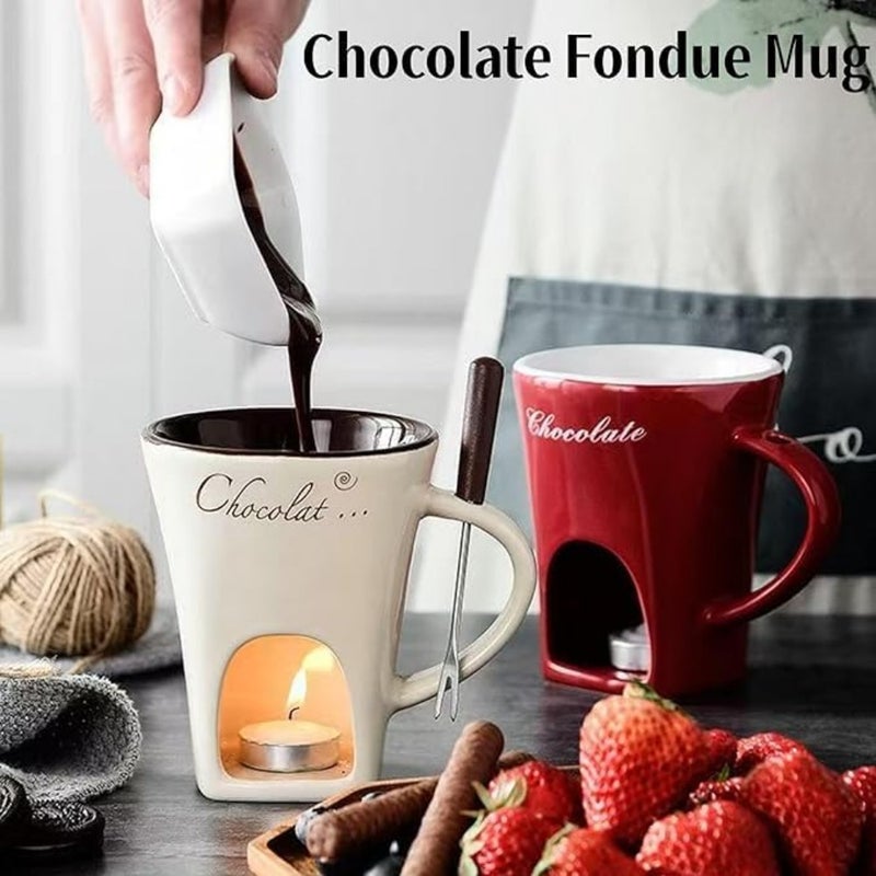 Fondue Cup for Chocolate Melting, Ceramic, Coffee Color, Heat-Resistant with Non-Slip Base and Includes Forks Candle - Image 3
