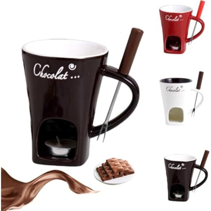 Fondue Cup for Chocolate Melting, Ceramic, Coffee Color, Heat-Resistant with Non-Slip Base and Includes Forks Candle - Image 1