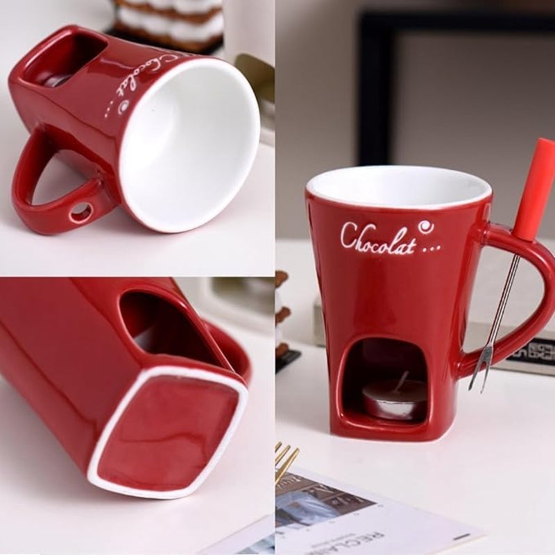 Fondue Cup for Chocolate Melting, Ceramic, Coffee Color, Heat-Resistant with Non-Slip Base and Includes Forks Candle - Image 4