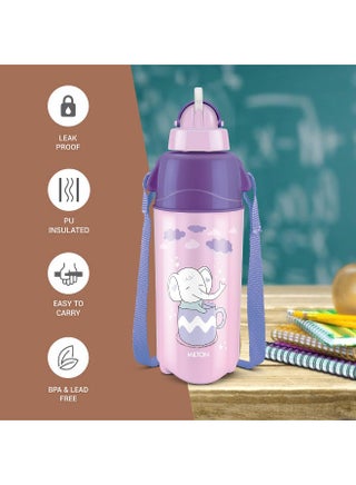 Milton 500ml (Half Litre) Plastic Water Bottle with Straw for Kids – PU Insulated to Keep Drinks Hot or Cold for Hours, LeakproofSipper Bottle for School, Travel & Picnic, Kool Trendy 500, Purple - view 2