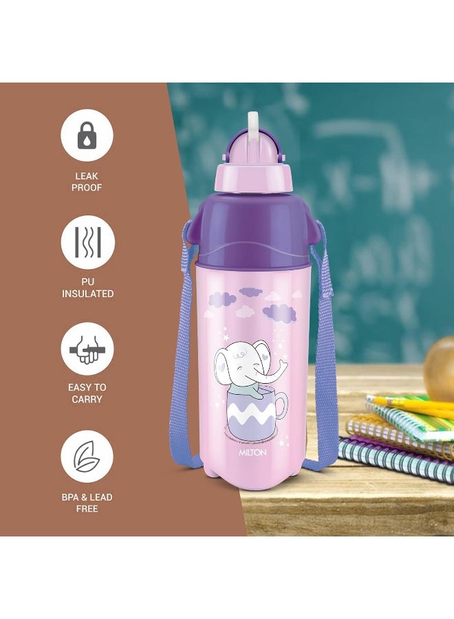 Milton زجاجة مياه بلاستيكية معزولة 500 مل مع قشة للأطفال، 490 مل، بنفسجي، زجاجة مدرسية، زجاجة نزهة، زجاجة شرب، مانعة للتسرب، خالية من BPA، من الدرجة الغذائية، سهلة الحمل - Image 2