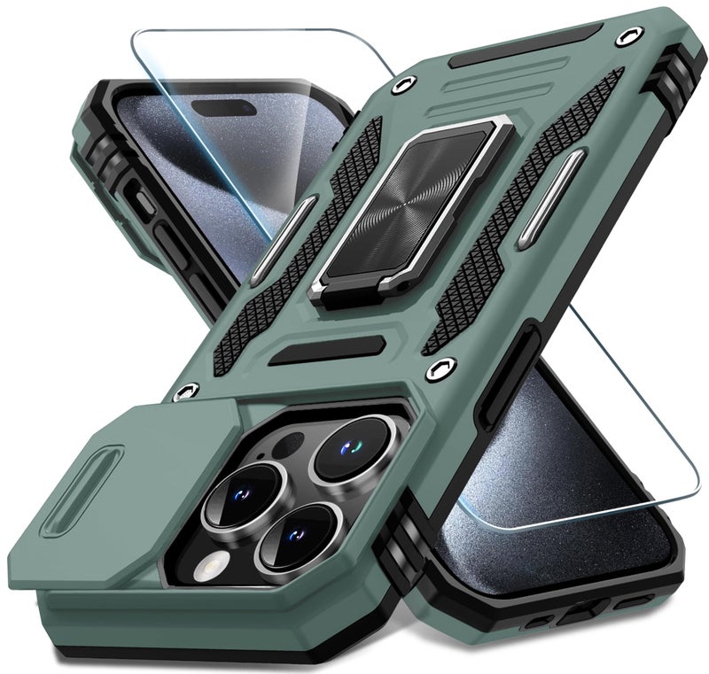 DEERLAMN Case for iPhone 15 Pro Max with Slide Camera Cover+Screen Protector(1 Pack), Rotated Ring Kickstand Military Grade Shockproof Protective Cover 6.7 Inch-Green - Image 1