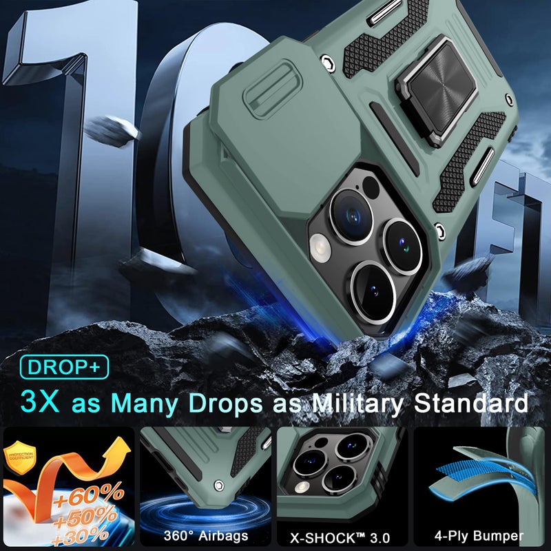 DEERLAMN Case for iPhone 15 Pro Max with Slide Camera Cover+Screen Protector(1 Pack), Rotated Ring Kickstand Military Grade Shockproof Protective Cover 6.7 Inch-Green - Image 4