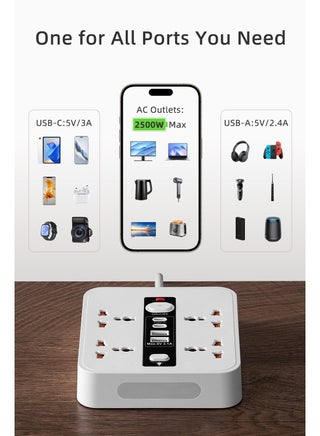توصيلة كهربائية 5M، مشترك كهرباء متعدد الوظائف، قابس UK ثلاثي، 4 مخارج مع 2 USB 2 Type-C، شريط كهرباء للاستخدام المنزلي والمكتبي - view 3