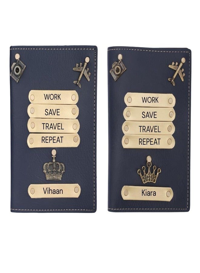 WALLETKART Personalized Leather Name Passport Cover with Travel Charm & Quote | Customized Passport Holder for Couple | “Work Save Travel Repeat” Travel Gift (Pack of 2) - Image 1