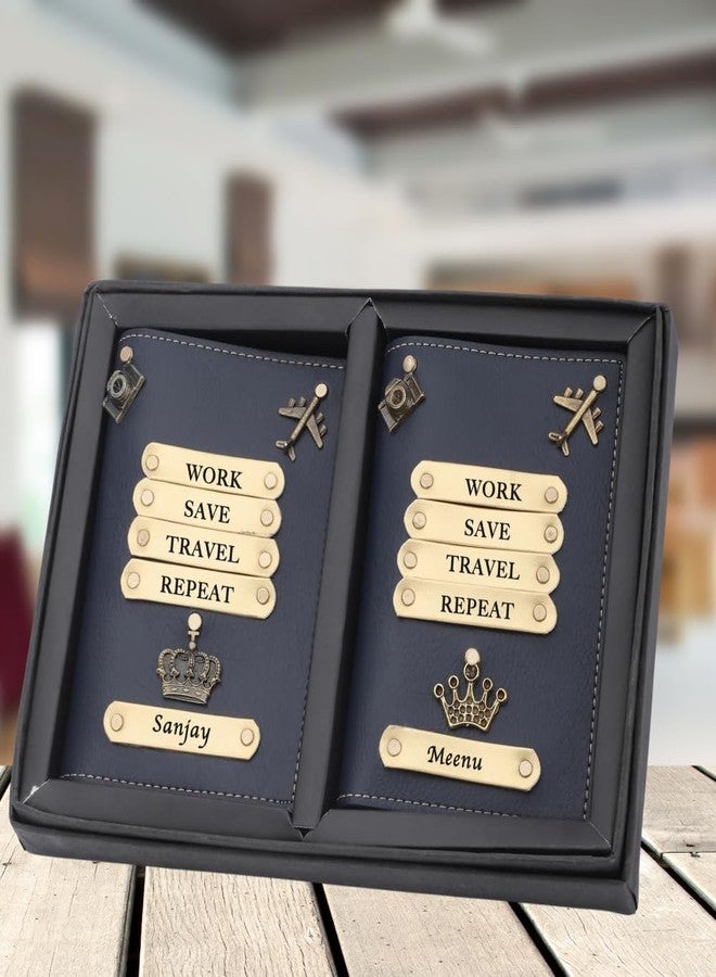 WALLETKART Personalized Leather Name Passport Cover with Travel Charm & Quote | Customized Passport Holder for Couple | “Work Save Travel Repeat” Travel Gift (Pack of 2) - Image 2