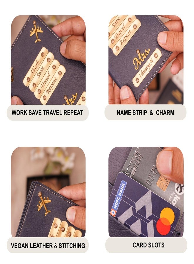 WALLETKART Personalized Leather Name Passport Cover with Travel Charm & Quote | Customized Passport Holder for Couple | “Work Save Travel Repeat” Travel Gift (Pack of 2) - Image 3