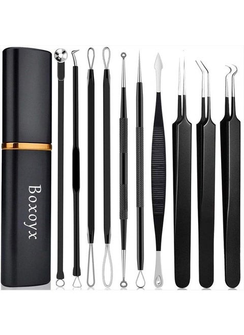 Pimple Popper Tool Kit - Boxoyx 10 Pcs Blackhead Remover Comedone Extractor Kit with Metal Case for Quick and Easy Removal of Pimples, Blackheads, Zit Removing, Forehead,Facial and Nose（Black)