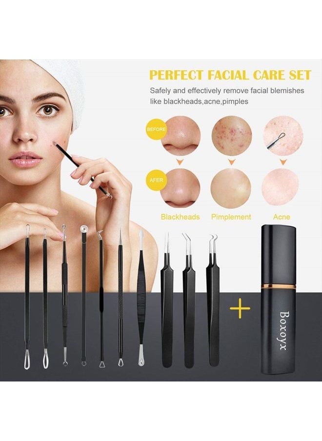 Pimple Popper Tool Kit - Boxoyx 10 Pcs Blackhead Remover Comedone Extractor Kit with Metal Case for Quick and Easy Removal of Pimples, Blackheads, Zit Removing, Forehead,Facial and Nose（Black)