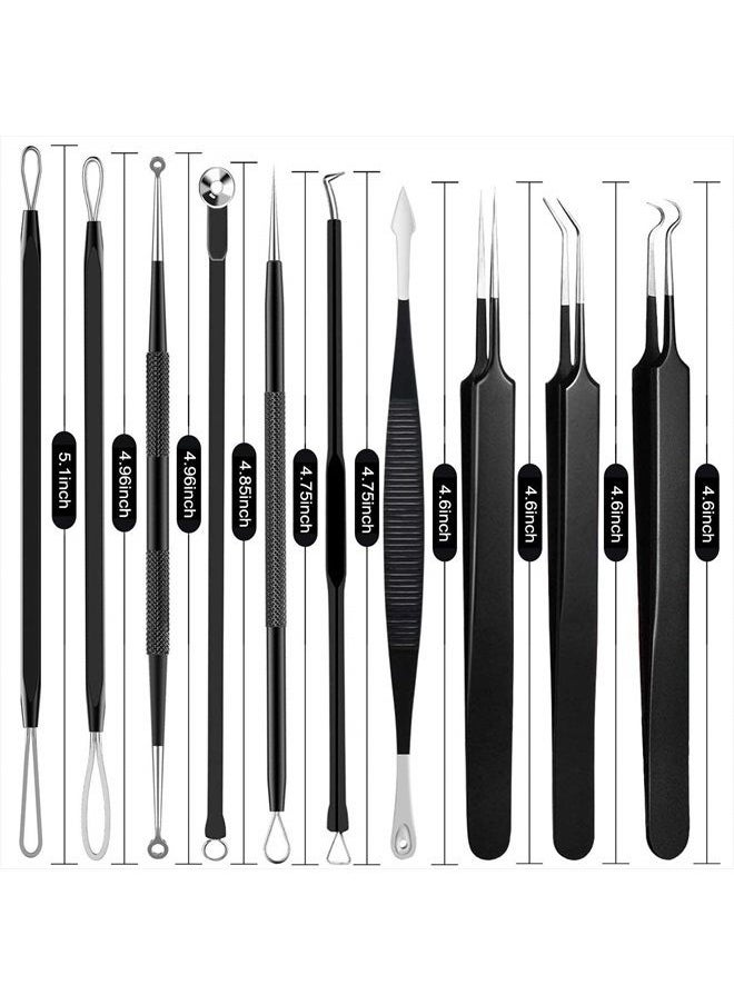 Pimple Popper Tool Kit - Boxoyx 10 Pcs Blackhead Remover Comedone Extractor Kit with Metal Case for Quick and Easy Removal of Pimples, Blackheads, Zit Removing, Forehead,Facial and Nose（Black)