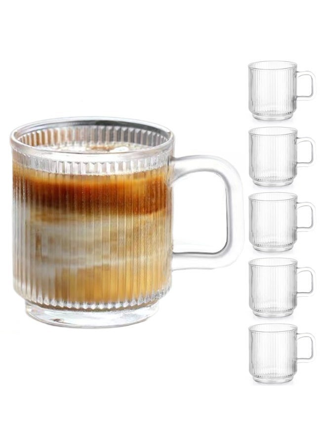 6 PACK PREMIUM GLASS COFFEE MUGS WITH HANDLE, 12 OZ CLASSIC VERTICAL STRIPES GLASS COFFEE CUPS, TRANSPARENT TEA CUP FOR HOT/COLD BEVERAGES, GLASSWARE SET FOR AMERICANO, LATTE, CAPPUCCINO