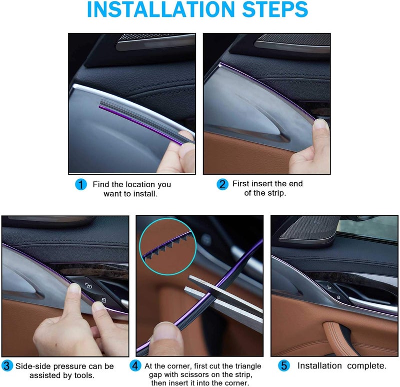 TOMALL شريط تزيين داخلي للسيارة، شرائط إدخال زخرفية 5م (16 قدم) مرنة بتأثير كهربائي، ملحقات تصميم لوحة القيادة مع أداة التركيب (بنفسجي) - Image 4