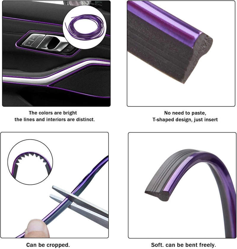 TOMALL شريط تزيين داخلي للسيارة، شرائط إدخال زخرفية 5م (16 قدم) مرنة بتأثير كهربائي، ملحقات تصميم لوحة القيادة مع أداة التركيب (بنفسجي) - Image 3