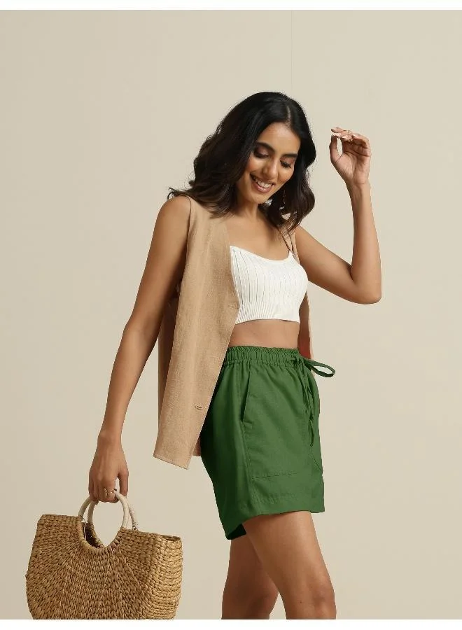 ترو برونز trueBrowns Green Cotton Blend Shorts With Drawstring