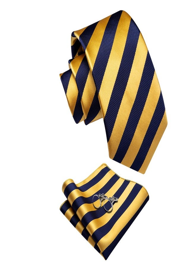 YourTies Striped Ties for Men Classic Woven Silk Necktie with Handkerchief Cufflinks Set Formal Business Party Wedding, A Yellow Blue Striped, One size - Image 4