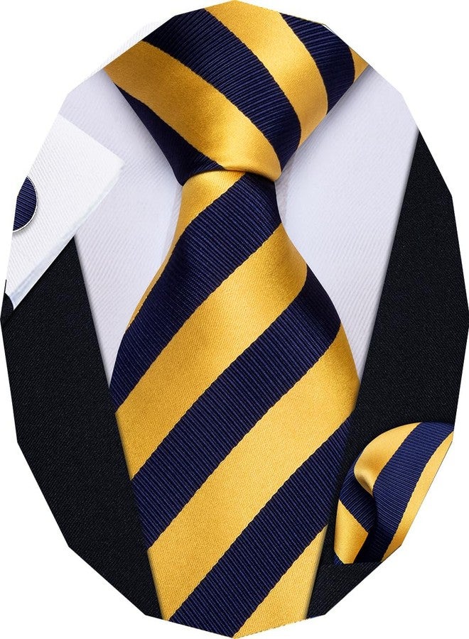 YourTies Striped Ties for Men Classic Woven Silk Necktie with Handkerchief Cufflinks Set Formal Business Party Wedding, A Yellow Blue Striped, One size - Image 1