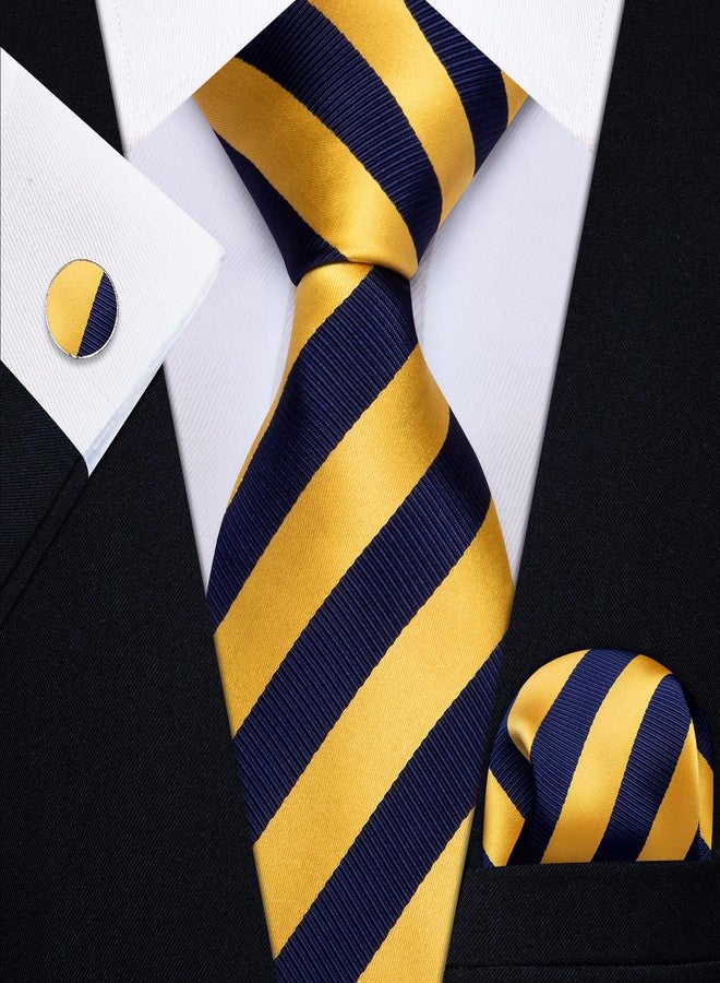 YourTies Striped Ties for Men Classic Woven Silk Necktie with Handkerchief Cufflinks Set Formal Business Party Wedding, A Yellow Blue Striped, One size - Image 2