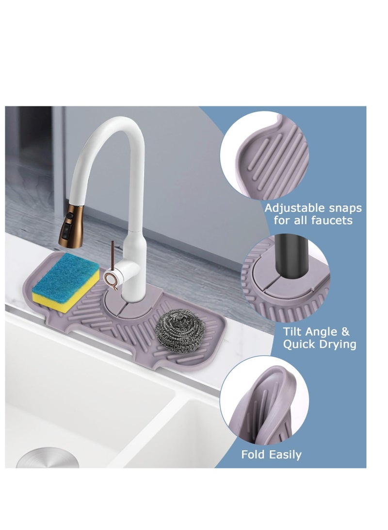 Excefore Silicone Sink Splash Guard, Silicone Sink Faucet Mat, Silicone Faucet Handle Drip Catcher Tray, Silicone Sink Mat Sponges Holder, for Kitchen Bathroom Counter Protect (Grey)  - Image 2