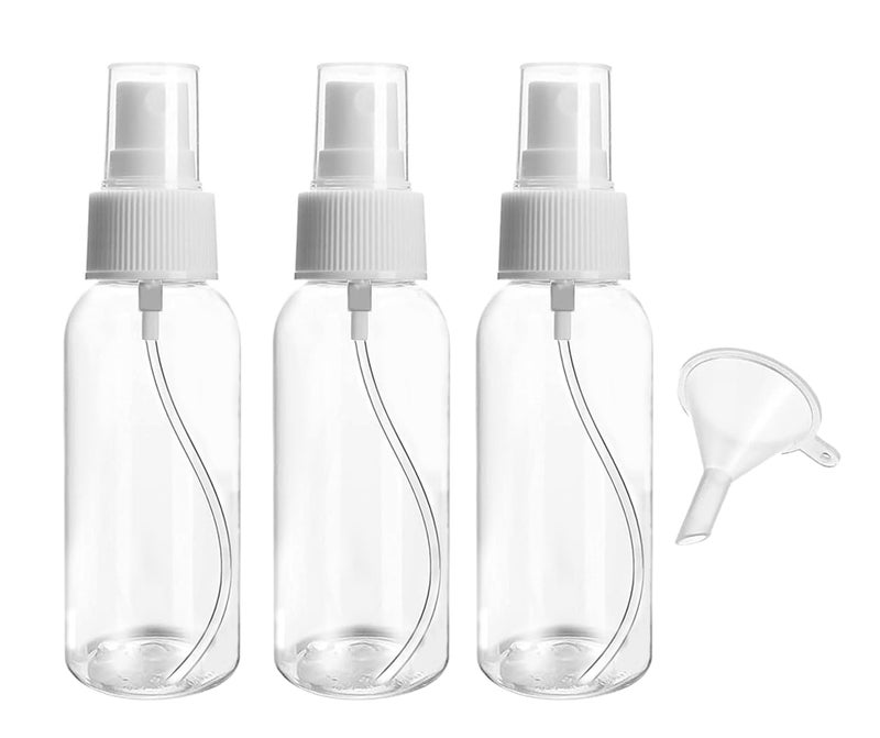 Symbah Small Spray bottle 50ml atomiser empty clear fine mist plastic Refillable spray bottles for Traveling, Make-up, Skincare Cleaning Liquids (3 PCS) with Funnel - Image 1