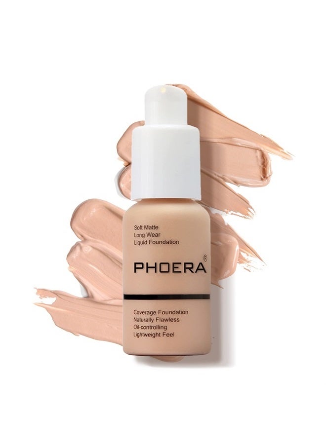 PHOERA Foundation Makeup Naturally Liquid Foundation Full Coverage Mattle Oil-Control Concealer 8 Colors Optional,Great Choice For Gift (#103 Warm Peach,30ml)