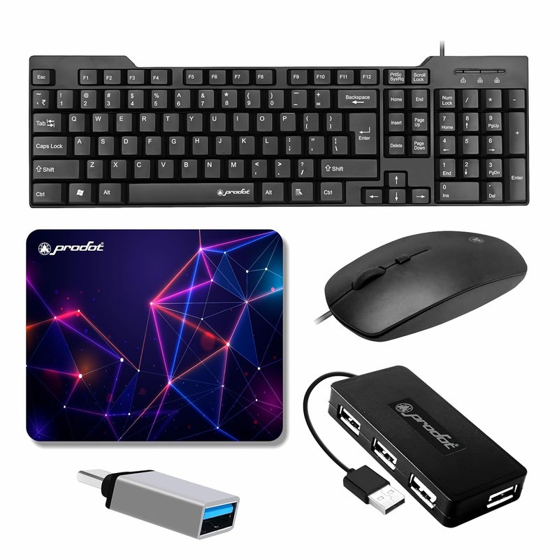 ProDot 5-in-1 Wired Combo Pack | 247s Wired Keyboard + Palm Optical Mouse with Adjustable DPI + 4 in1 Port USB Hub + USB Type-A to Type-C OTG + Anti-Slip Mouse Pad | for Laptop/Desktop - Image 1
