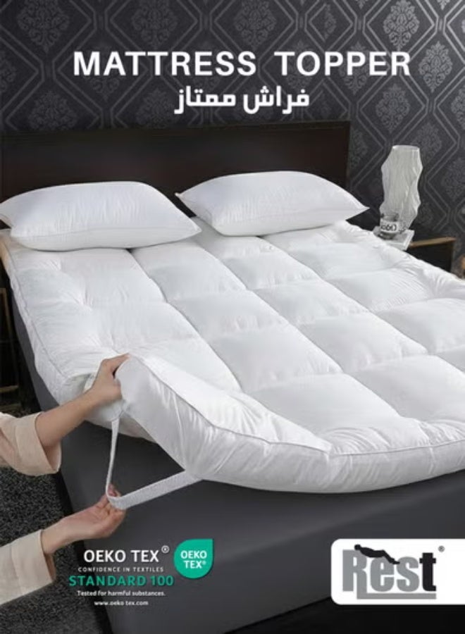 ريست REST Mattress Topper- Super Soft 100x200x8cm White 900GSM Fluffy Hotel Bed Mattress Lightweight Comfortable Breathable Thick Mattress Pad With Elastic Bands - Image 1