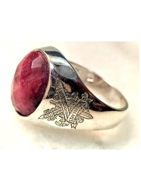 Elegant 925 Sterling Silver Ring with Natural African Ruby, Classic Design with Engraved Pattern
