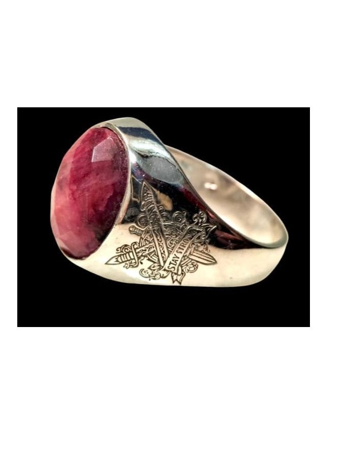 Generic - Elegant 925 Sterling Silver Ring with Natural African Ruby, Classic Design with Engraved Pattern - Image 1