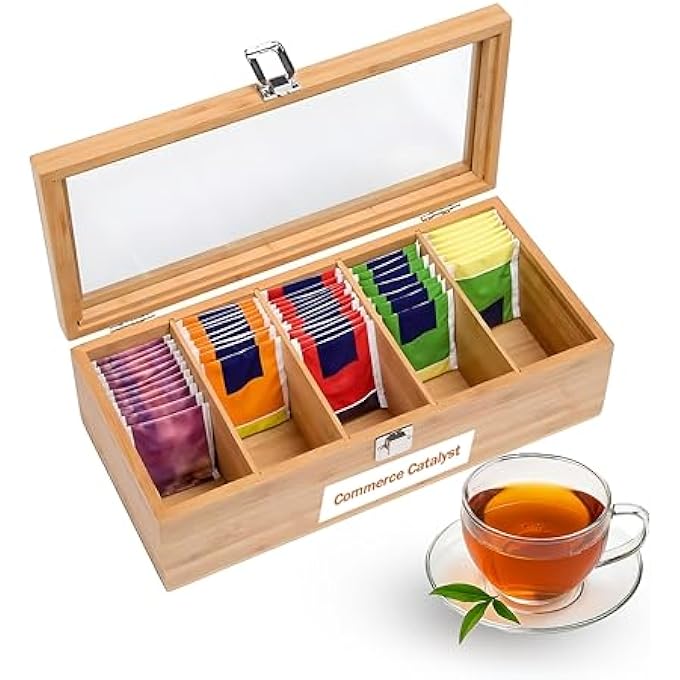 rayihni Tea Bag Organizer  Tea Storage Chest Case Wooden Tea Bag  Storage Box With Transparent Lid For Any Restaurant Office Home  Wooden Color - Image 1