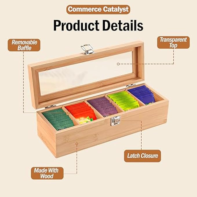 rayihni Tea Bag Organizer  Tea Storage Chest Case Wooden Tea Bag  Storage Box With Transparent Lid For Any Restaurant Office Home  Wooden Color - Image 4