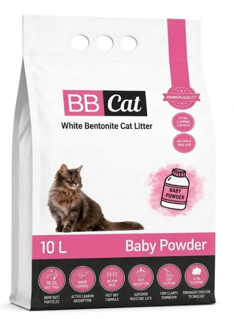 Premium Turkish White Bentonite Cat Litter, Baby Powder Scent - 10L