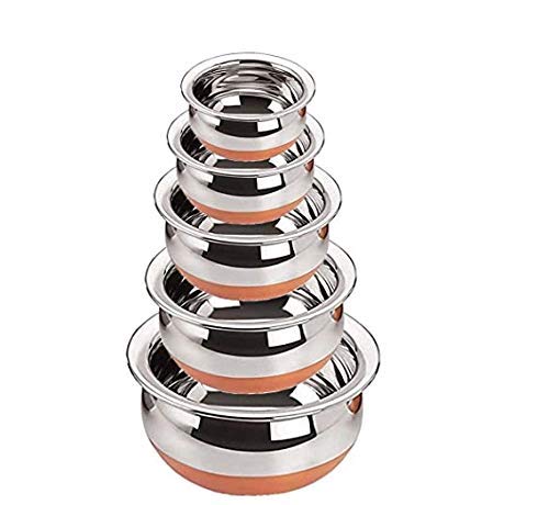 Sanjari Stainless Steel Copper Bottom Kitchen Serving, Cooking Bowl | Handi Set 5-Pieces | Biryani Handi - Image 1