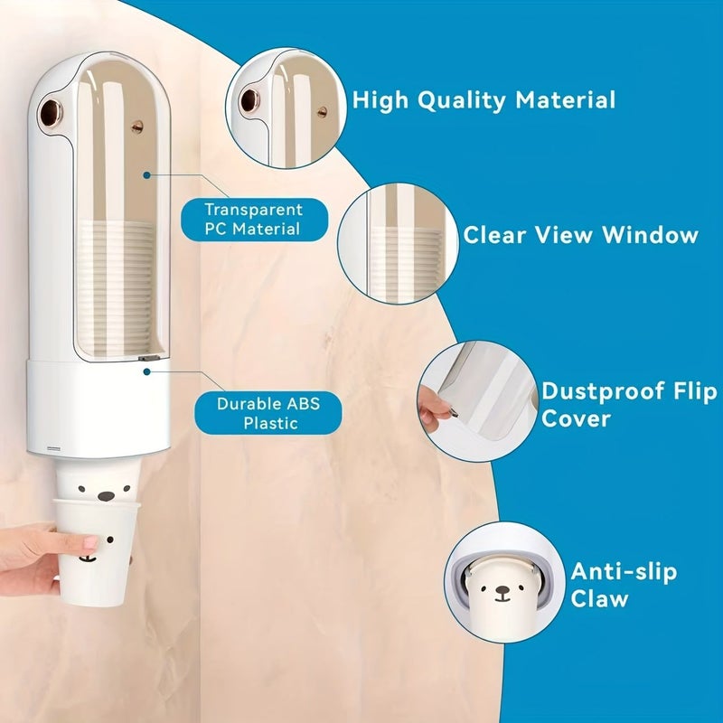 White Double Cup Dispenser 5-7oz Paper Plastic Pull Out Wall Mount Transparent Window - Image 2