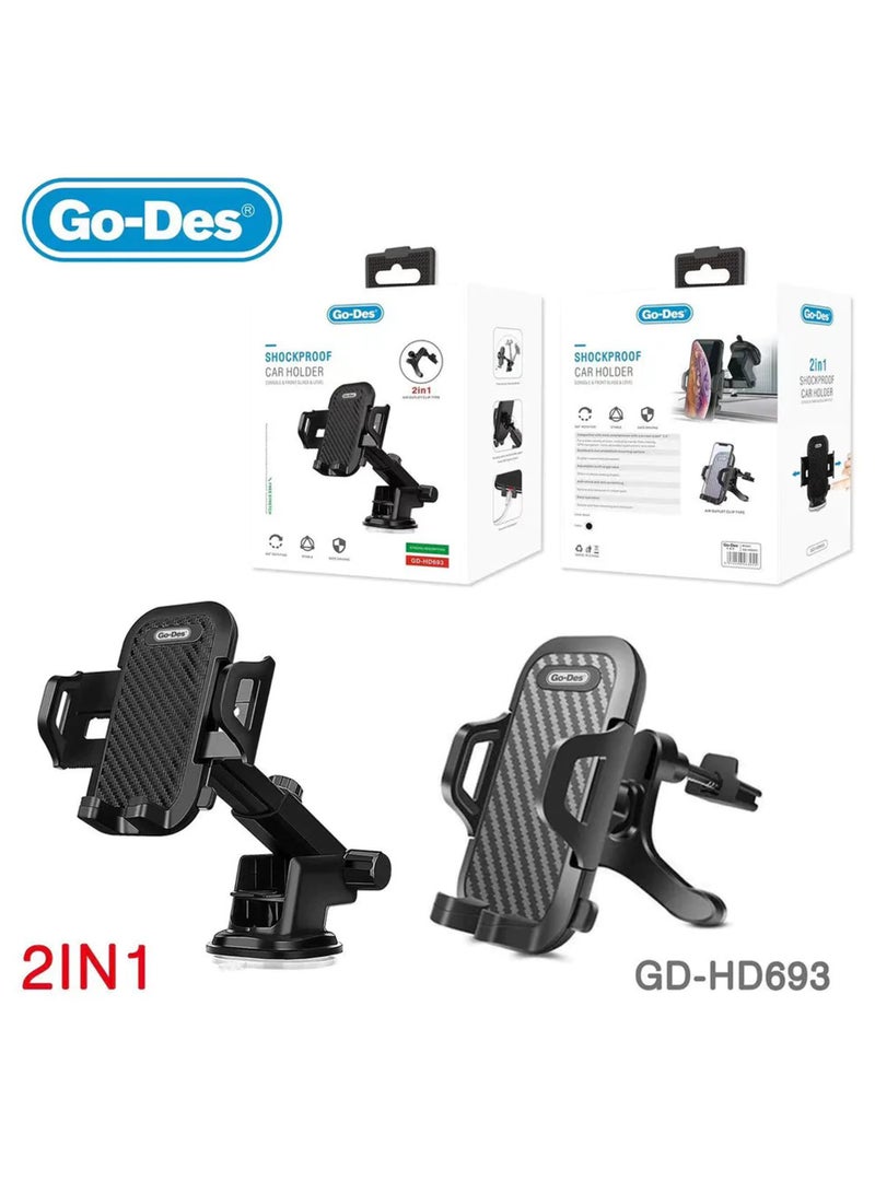 جو-ديز حامل السيارة العالمي Go-Des 360 درجة 2 في 1 GD-HD693 - أسود - Image 1