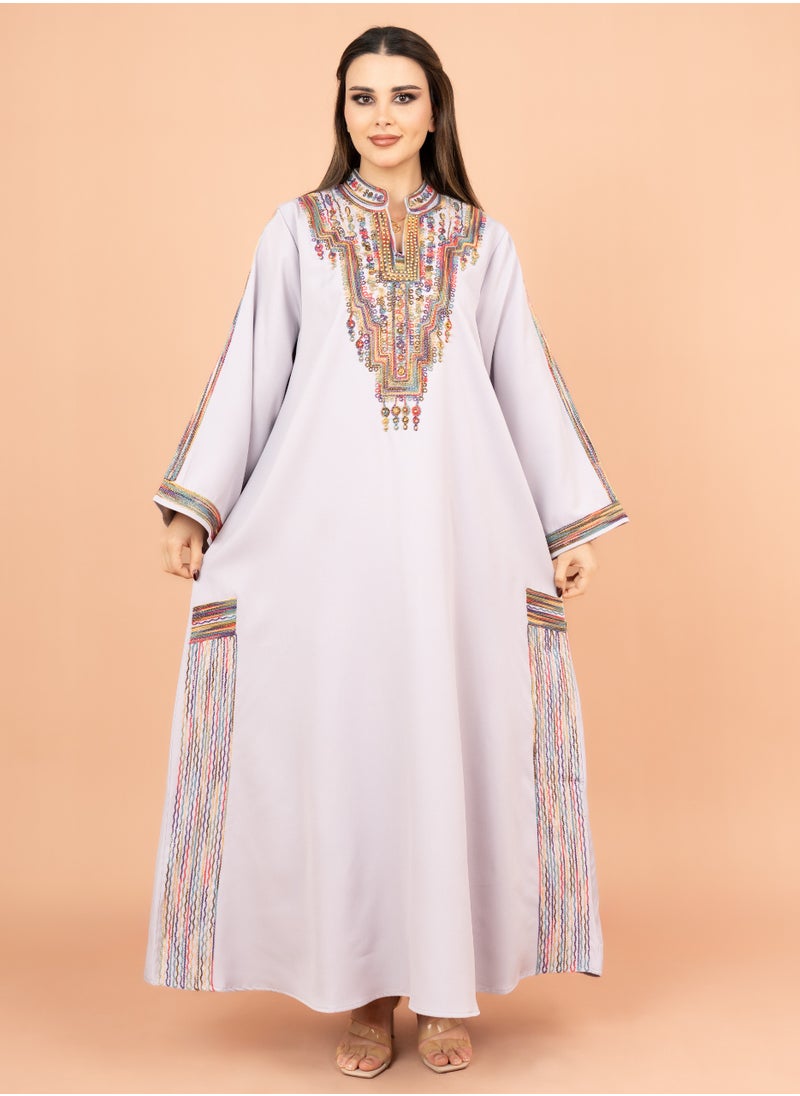 IKKXA Solid Embroidered Jalabiya IK4003 Violet  - Image 1