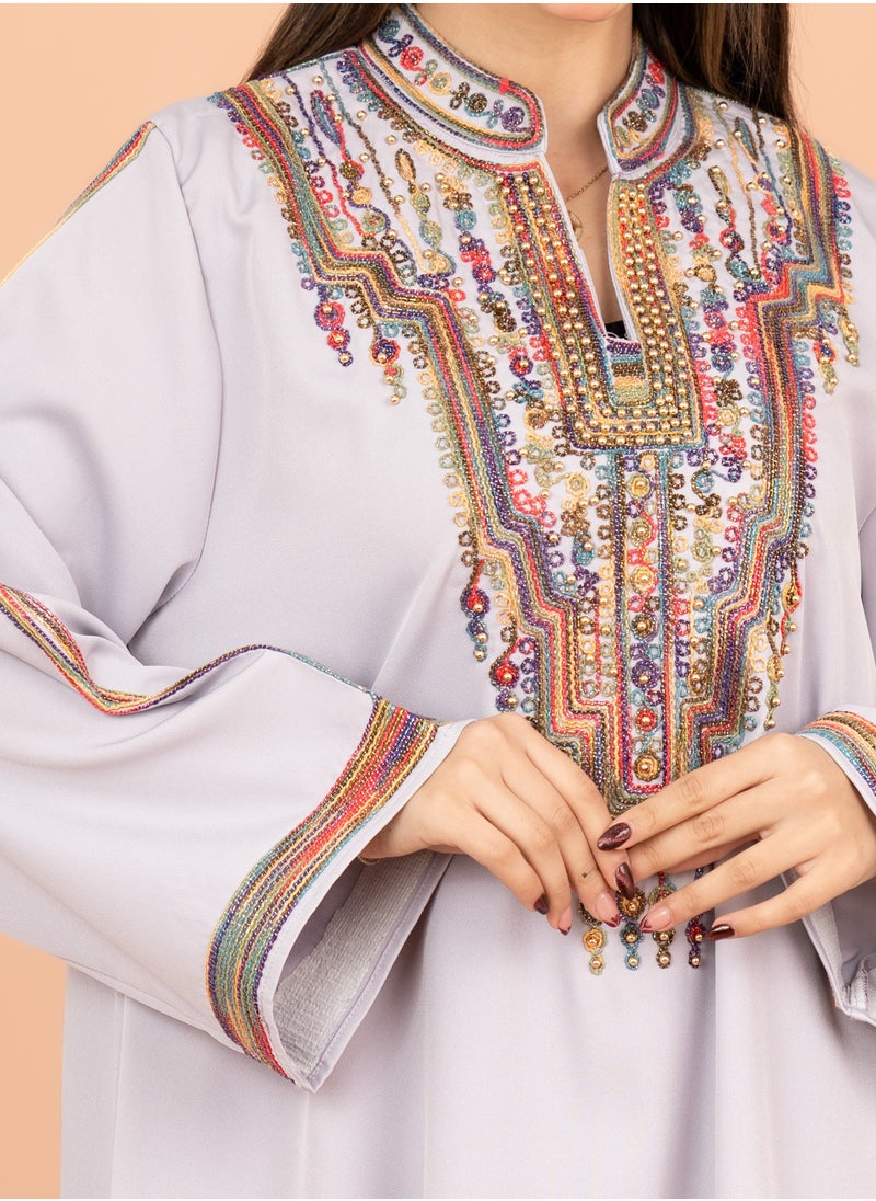 IKKXA Solid Embroidered Jalabiya IK4003 Violet  - Image 2
