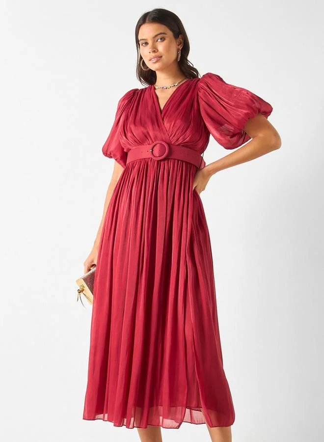 2Xtremz 2Xtremz Textured V-Neck Midi Dress with Puff Sleeves