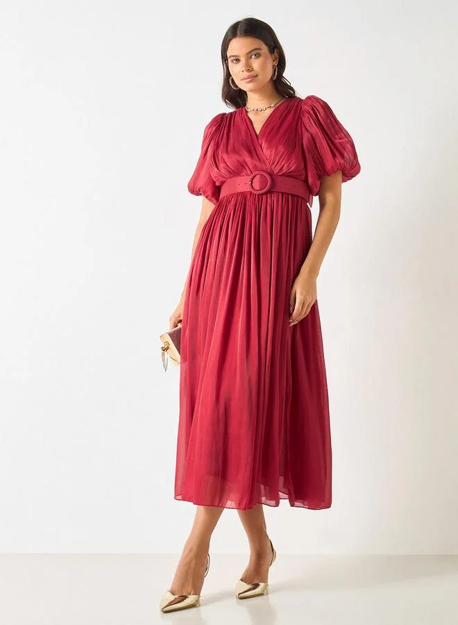 2Xtremz 2Xtremz Textured V-Neck Midi Dress with Puff Sleeves
