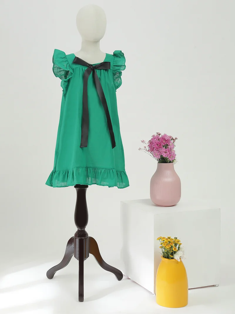 globus Globus Girls Green Square Neck Ribbon Bow Details Flutter Sleeves Tiered A-Line Mini Dress