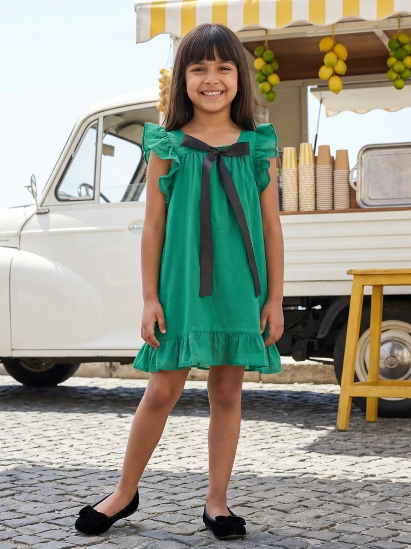 جلو باص Globus Girls Green Square Neck Ribbon Bow Details Flutter Sleeves Tiered A-Line Mini Dress