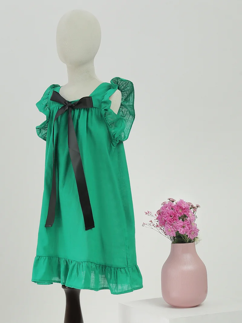 جلو باص Globus Girls Green Square Neck Ribbon Bow Details Flutter Sleeves Tiered A-Line Mini Dress