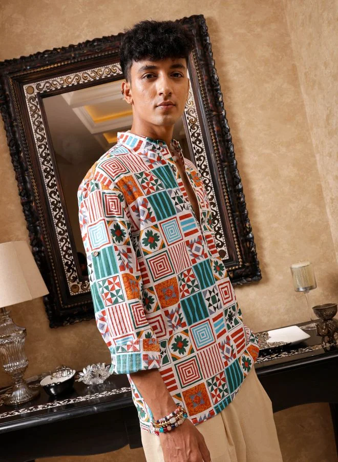 ذا انديان كراج كو Men Regular Fit Geometric Printed Full Sleeves Mandarin Collar Resort Wear Shirt