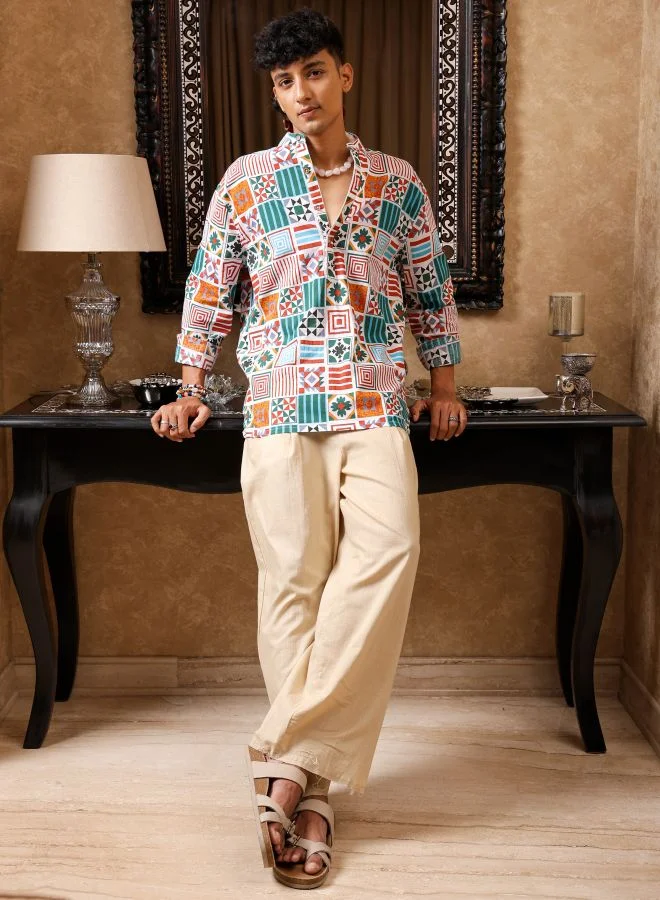 ذا انديان كراج كو Men Regular Fit Geometric Printed Full Sleeves Mandarin Collar Resort Wear Shirt