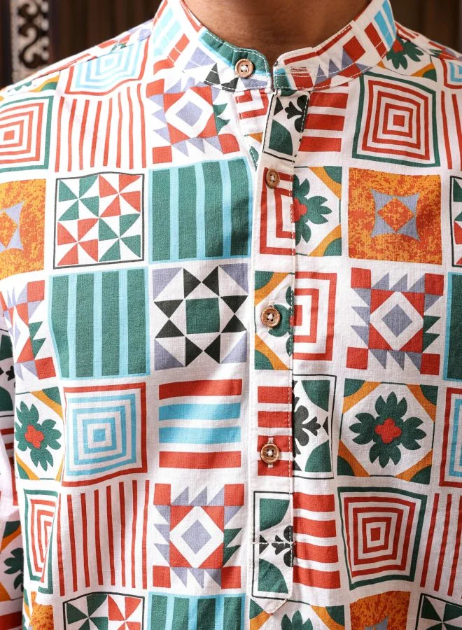 ذا انديان كراج كو Men Regular Fit Geometric Printed Full Sleeves Mandarin Collar Resort Wear Shirt