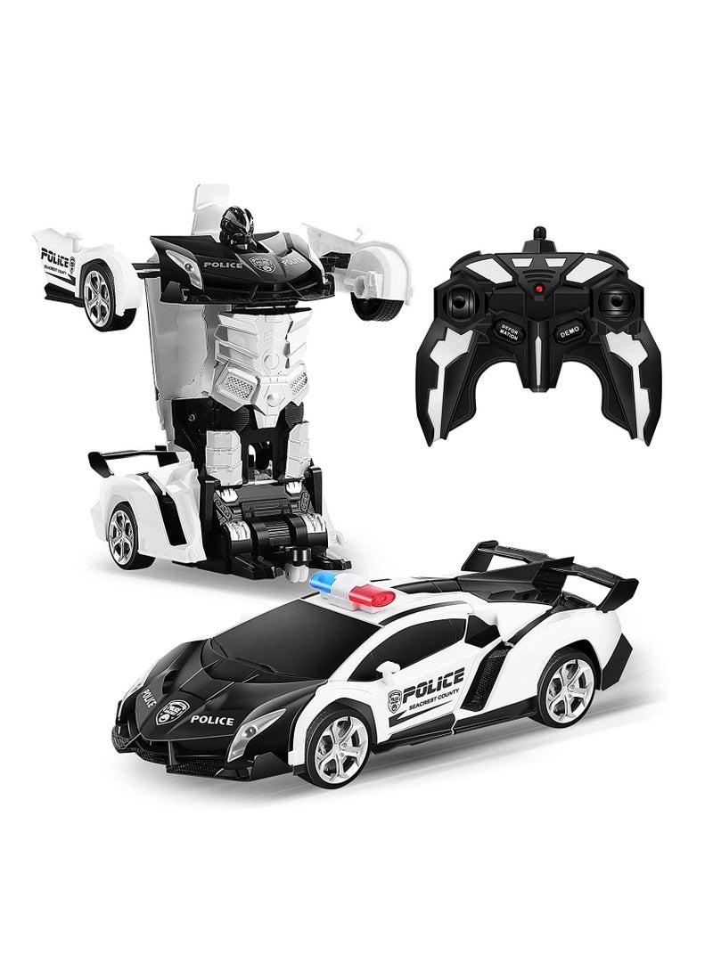 MIXDE Remote Control Car - Transform Car Robot, One Button Deformation to Robot with Flashing Light, 2.4Ghz 1:18 Scale Transforming Police Car Kids Toys with 360 Degree Rotating Drifting, Boys Toys Gift - Image 1