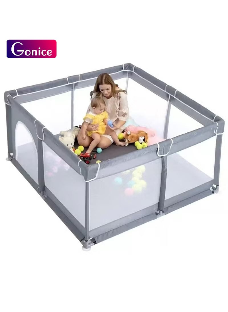 Gonice Baby Playpen 120x120cm Extra Large Playpen for Babies Kids Safe Play Center for Babies with Breathable Mesh and Zipper Door and Toddlers Gives Mommy a Break Grey  - Image 1