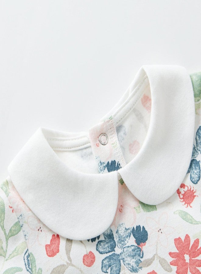 PureBorn فستان بنات بيوربورن بأكمام طويلة من القطن مع بنطلون قصير وطرحة مزخرفة بالزهور باللون الأخضر 3-6 أشهر - Image 3